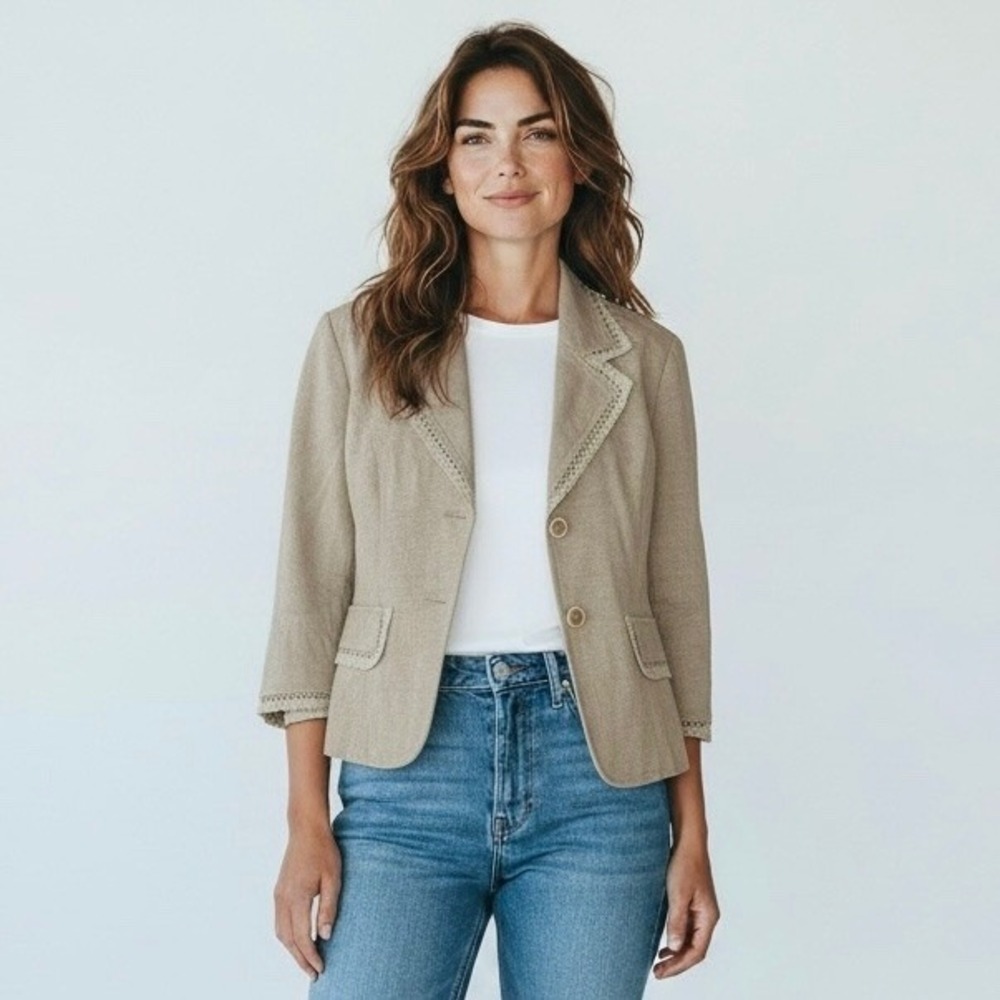 Newport‎ News Blazer Jacket Women's 8 Beige Linen Blend Crochet Trim Cottagecore